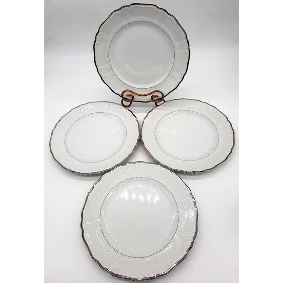 Vtg 1963 Harmony House 4 Silver Sonata 10" Dinner Plates Scalloped Silver Trim - Picture 1 of 7